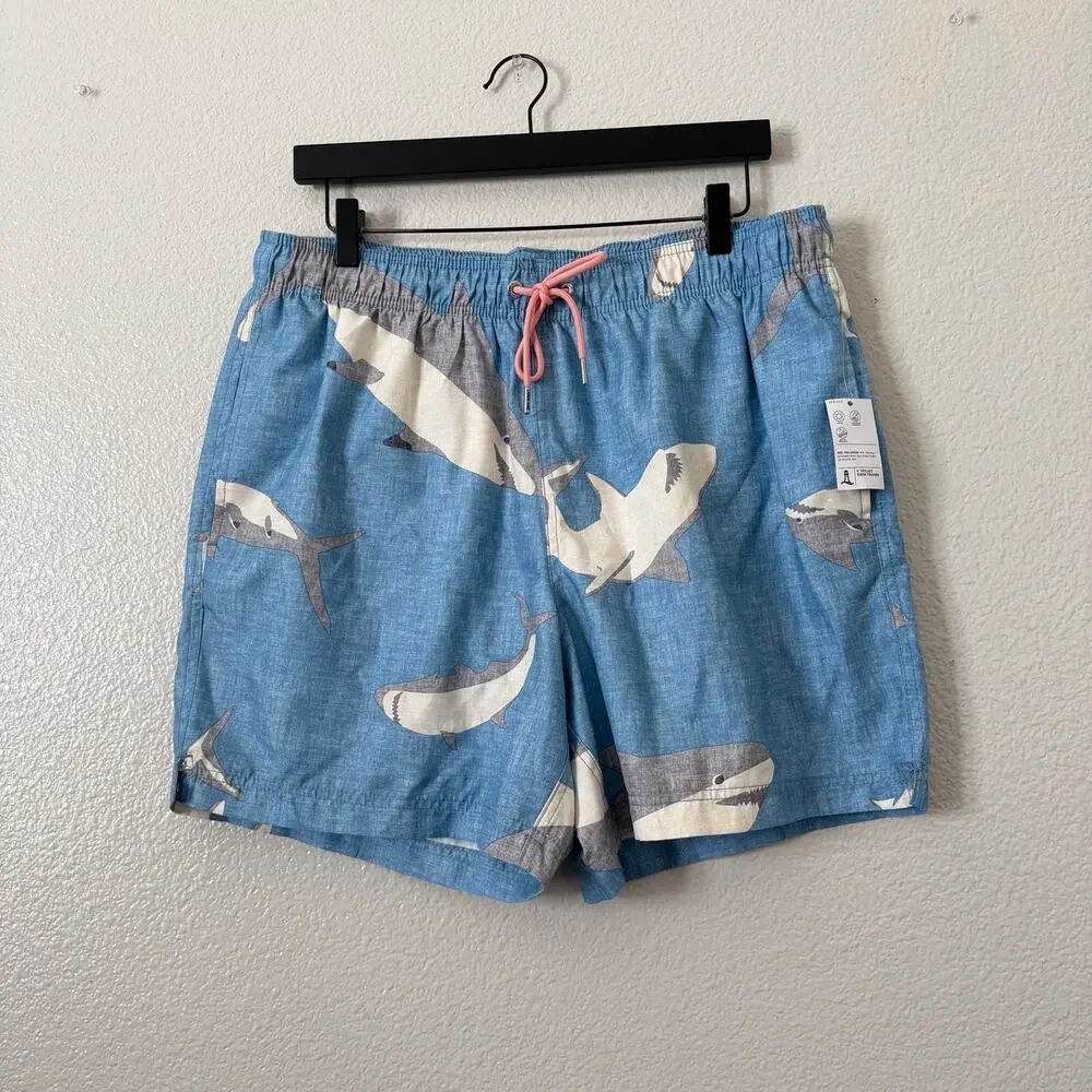 Lands’ End 6” Volley Swim Trunks blue gray white shark print